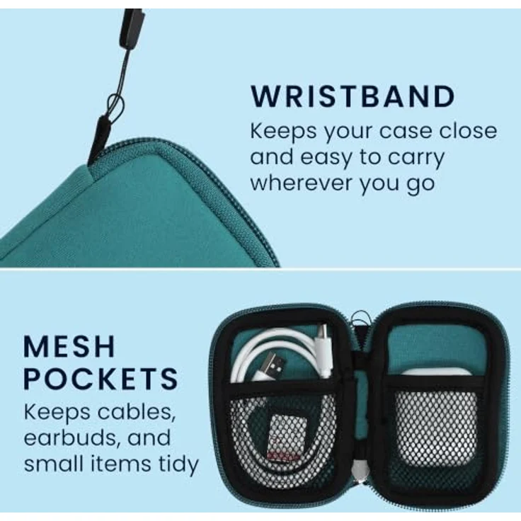 kwmobile In-Ear Kopfhörer Tasche, Neopren Cover Case in Petrol, wasserabweisend mit 2 Innenfächern für Ladecase und Zubehör – Bild 3