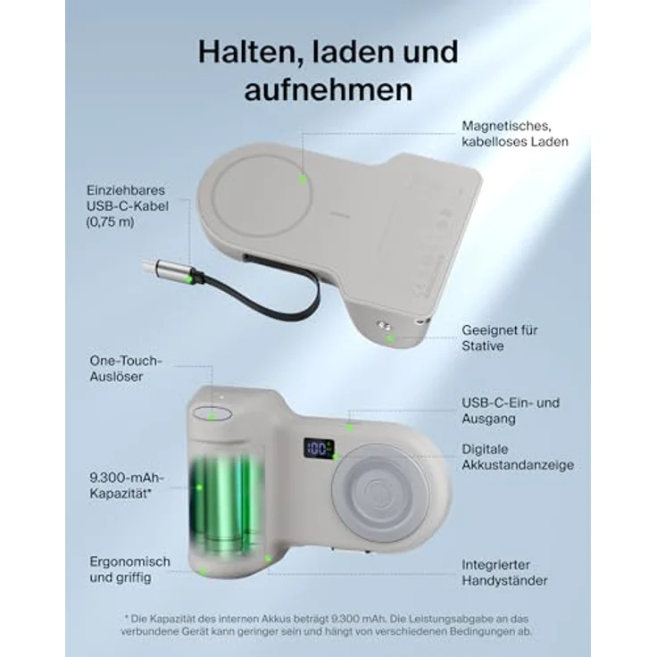 Belkin Stage PowerGrip, Magnetischer Kameragriff mit 9300mAh Powerbank, Bluetooth, Stativaufsatz und einziehbarem USB-C-Kabel, Handyladegerät für iPhone und Pixel – Bild 3