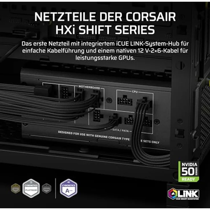 Corsair HX1200i SHIFT, ATX 1200W Netzteil mit 80 PLUS Platinum-Zertifikat, vollmodularem Kabelmanagement und 140 mm Lüfter, Schwarz – Bild 2