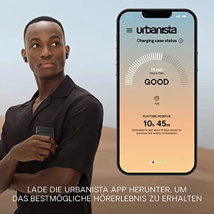 Urbanista Phoenix Solar Powered In Ear Bluetooth Kopfhörer Noise Cancelling, Hybrid ANC, Unendliche Spielzeit, Multipoint Earbuds, Ladecase kabellos und selbstaufladend mit Licht, Mitternachtsschwarz – Bild 5