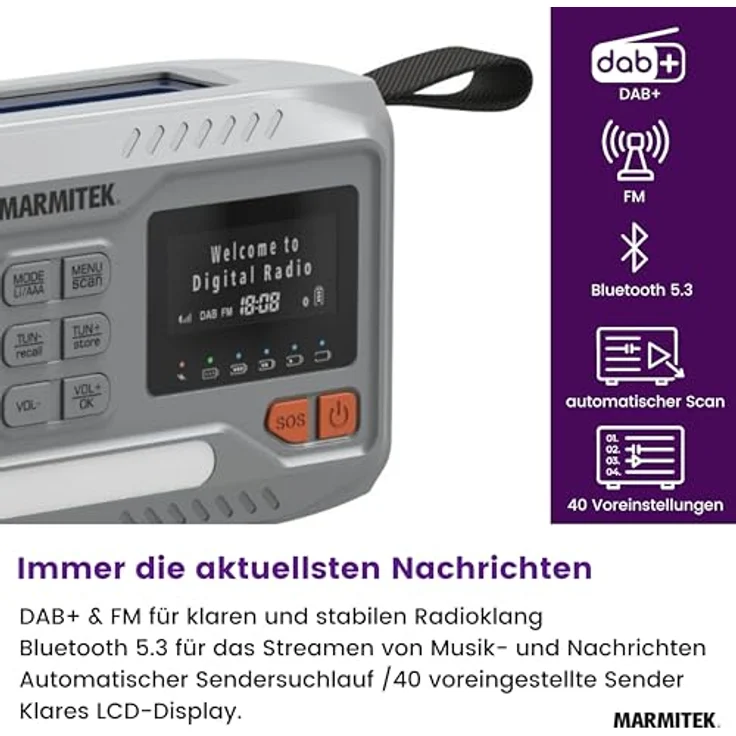 Marmitek RESQ 100, Kompaktes Kurbelradio mit DAB+/FM, Bluetooth, Solar- und Dynamo-Ladefunktion, Grau – Bild 3
