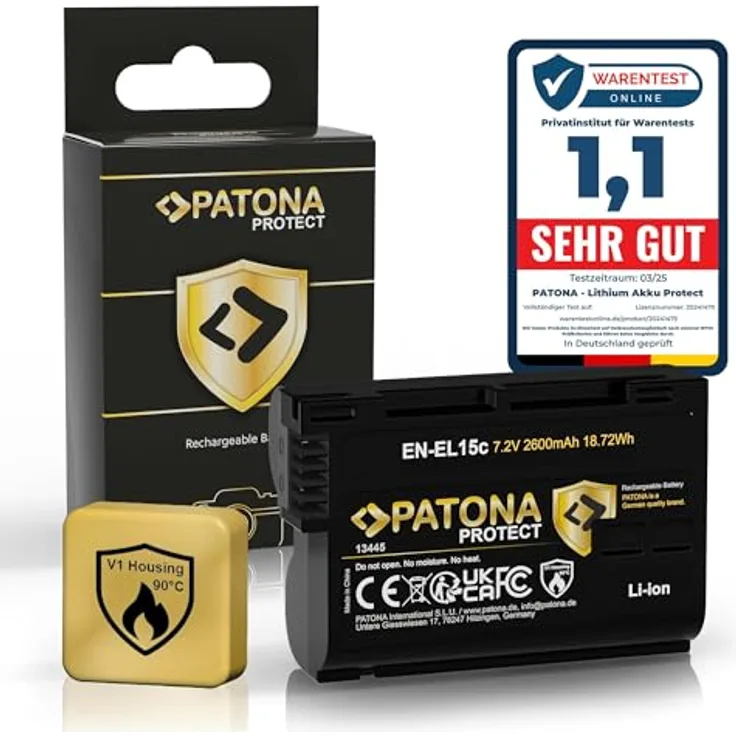 PATONA Protect EN-EL15c Akku, 2600mAh mit NTC-Sensor und V1 Schutzgehäuse, kompatibel mit Nikon Z6III und anderen Modellen