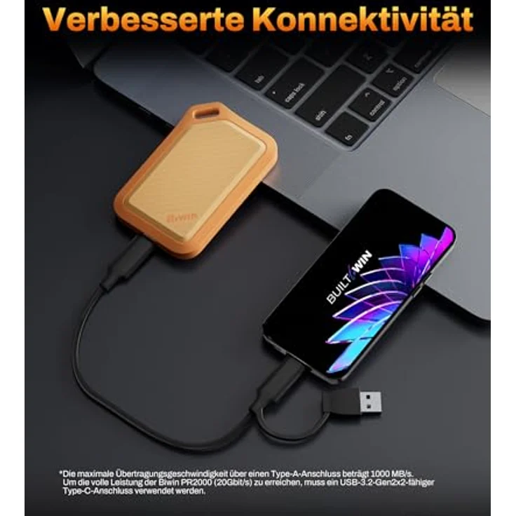 BIWIN Amber PR2000 Externe SSD 1TB, USB 3.2 Gen2x2, bis zu 2000 MB/s, IP67 wasserdicht, Portable NVMe, mit USB-C & USB-A Adapter, Orange – Bild 4