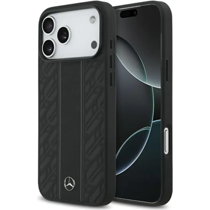 CG MOBILE Mercedes Leder Lorbeerblätter-Streifen Schutzhülle für iPhone 17 Pro Max, kompatibel mit MagSafe, Echtleder, Schwarz