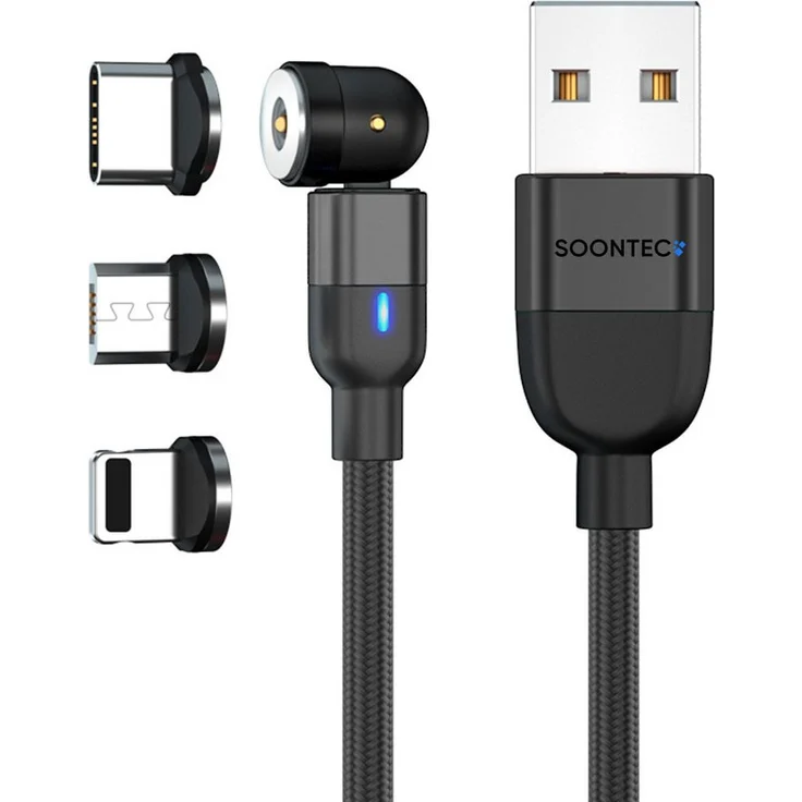 SOONTEC Magnet Ladekabel 2m, 3-in-1 Micro USB/USB-C/Lightning, drehbar 360°/180°, 2,4A/3,0A, schwarz/rot