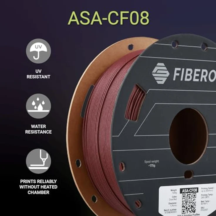 Polymaker Fiberon™ ASA-CF08, 3D Filament, rot, UV-beständig und hitzebeständig bis 103 °C, 500 g mit 8 % Carbonfaser – Bild 2