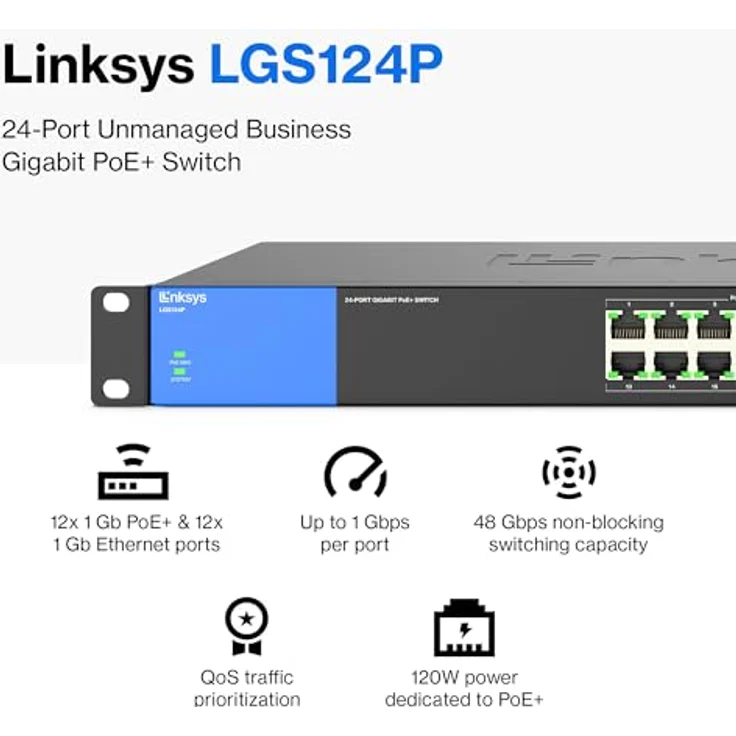 Linksys LGS124P-EU 24 Port Unmanaged Gigabit Netzwerk Switch (12 Port PoE+) – Bild 3