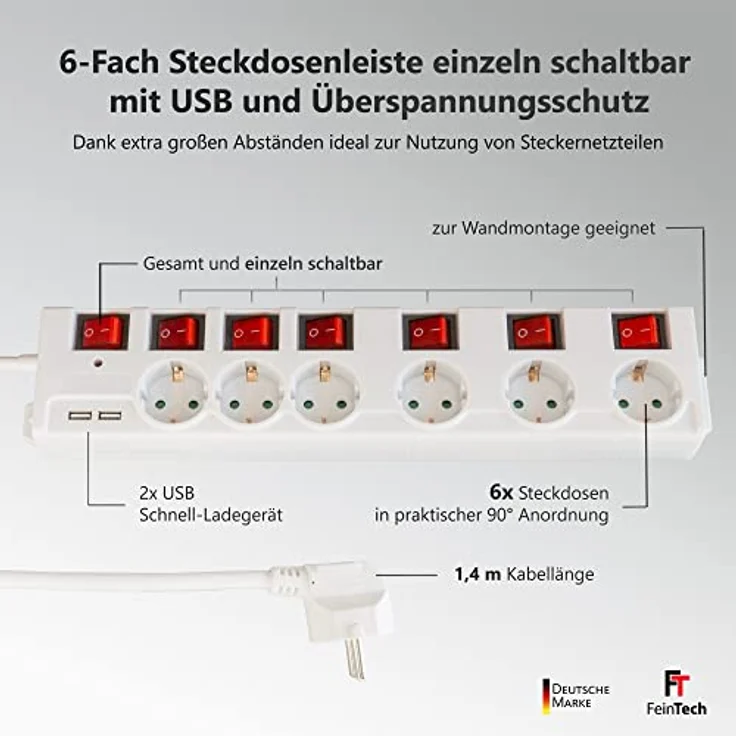 FeinTech Steckdosenleiste einzeln schaltbar mit USB, 6-Fach Mehrfachsteckdosenleiste mit Überspannungsschutz und 3 Steckdosen mit extra breitem Abstand, MD000652 – Bild 2