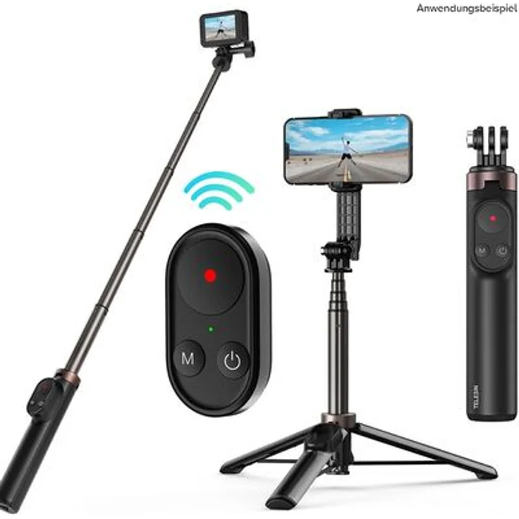 Telesin 3in1 Selfie-Stick 60 cm, Steuerung für GoPro und Handys, schwarz