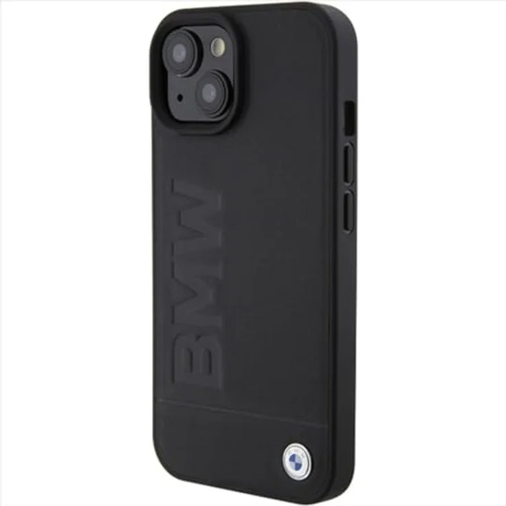 BMW Handyhülle Case iPhone 15, Echtleder schwarz mit Metalllogo, 6,1 Zoll, Kantenschutz – Bild 2