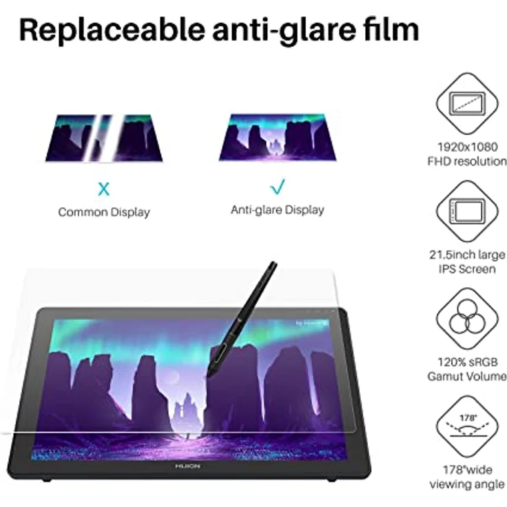 HUION Kamvas 22 21,5 Zoll Grafiktablett mit Display, 120% sRGB-Farbumfang, blendfreier Mattfilm, USB-C-Verbindung – Bild 2