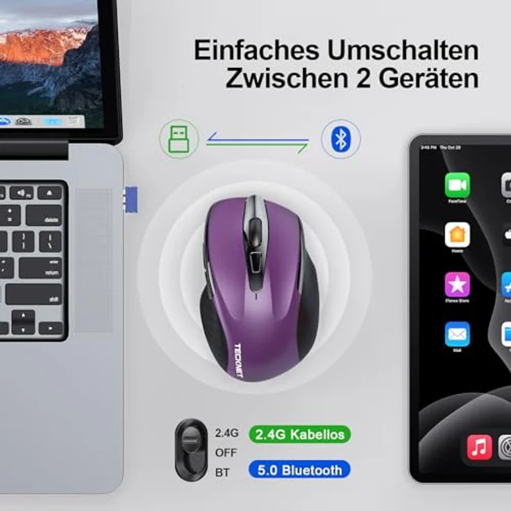 TECKNET Bluetooth Maus, ergonomische kabellose Maus mit 4800 DPI, Tri-Modi (BT 5.0/3.0 + 2.4G), 30 Monate Batterielaufzeit, leise Funkmaus für Windows, Mac OS, Android – Bild 2