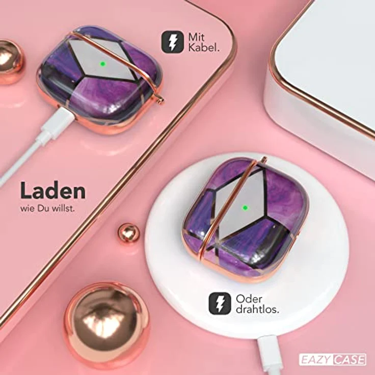 EAZY CASE AirPods 3 Schutzhülle, violett Marmor Hard Case mit Karabiner, stoßfest und antikratz, rutschfest, kabelloses Laden unterstützt – Bild 5