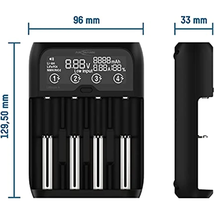 ANSMANN Universal Akku Ladegerät „Lithium 4“ für Li-ion 18650 21700 26650 22650 18500 UVM. & NiMH AA/AAA/Baby C – Batterieladegerät für Lithium Ionen Zellen und NiMH Akkus, USB Typ C Eingang – Bild 4