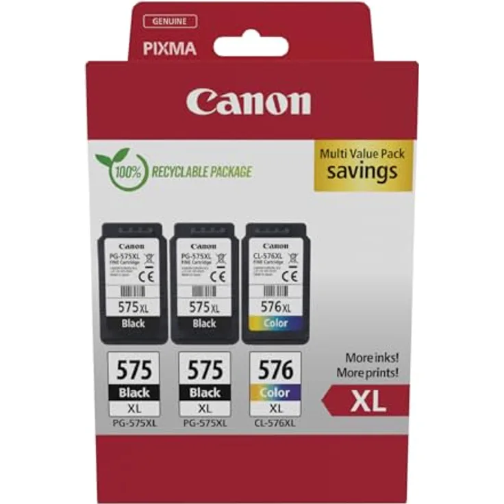 Canon Multipaket PG-575XL / CL-576XL, 3-tlg. Tintenpatronen-Set mit hoher Ergiebigkeit für bis zu 400 A4-Seiten pro Schwarzpatrone, farbig