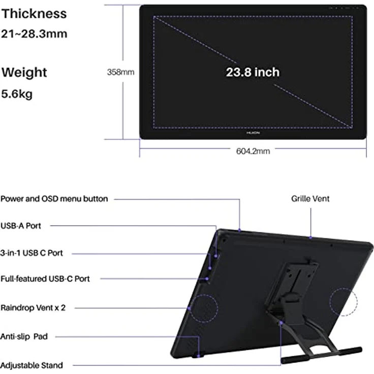 HUION Kamvas 24 Plus Grafikzeichnungstablette 140% SRGB - 23.8inch, Android-Träger, Batteriefreier Stift, 8192 Stiftdruckempfindlichkeit, Neigung – Bild 3