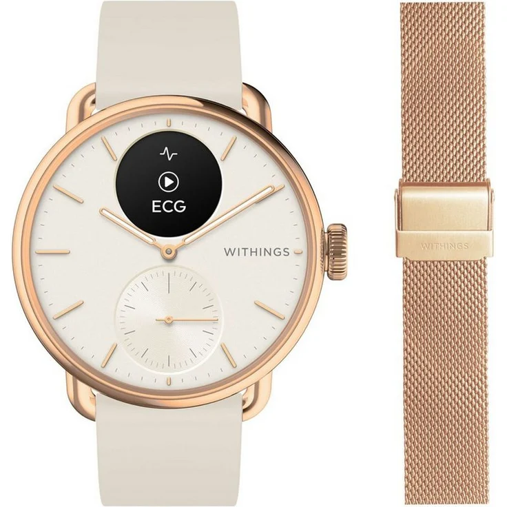 Withings ScanWatch 2, Hybrid-Smartwatch mit Akku bis 35 Tage, 38 mm, Roségold mit Milanese Band, Gesundheitsdatenübermittlung – Bild 1