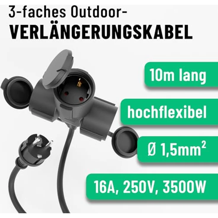 greate. 3fach Verlängerungskabel 10m - wasserdicht, Mehrfachsteckdose, 3500 W Verlängerungskabel (1000 cm) – Bild 2