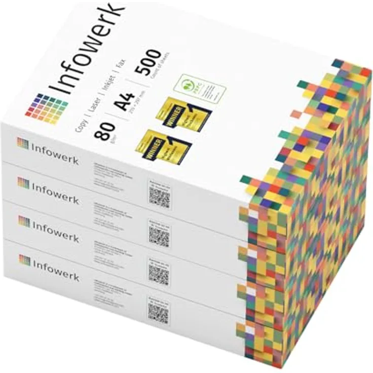 Infowerk Druckerpapier Kopierpapier 2000 Blatt 4 x 500 A4 80g Premium Weiß Testsieger PEFC