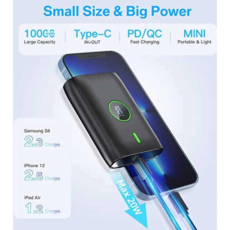 Power Bank 10000 mah,22.5W powerbank klein Aber stark mit led-anzeige,12v Ausgang,Mini powerbank Externe handyakkus,USB c powerbank,für Huawei XiaoMi Samsung und mehr – Bild 2