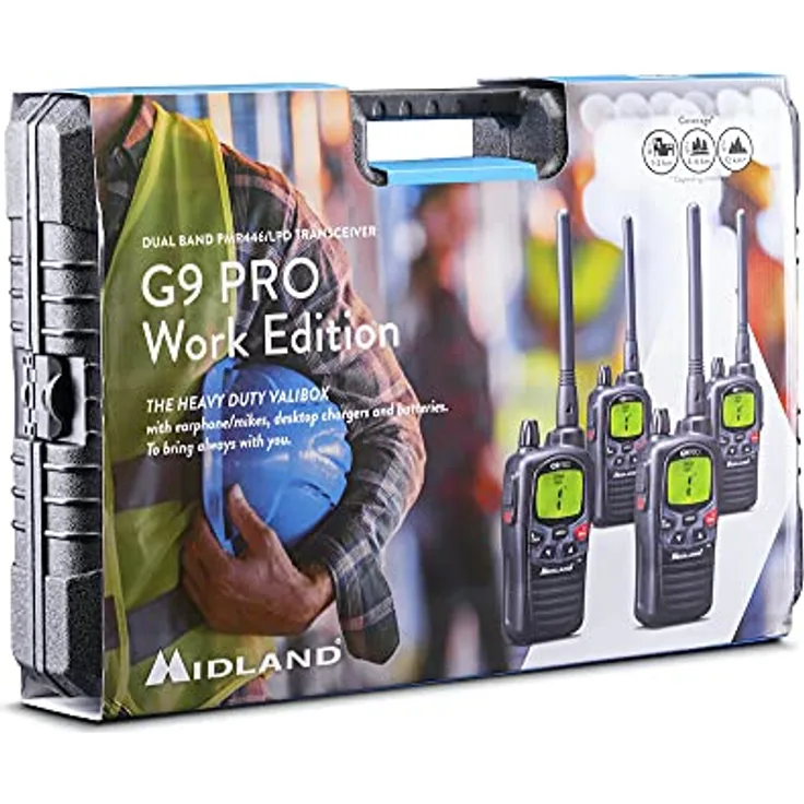 Midland G9 Pro Funkgeräte-4er Kofferset, c1385.05, 4X Walkie Talkies, wasserdicht und mit Notfallknopf, hochwertige Qualität mit sehr hoher Sendeleistung, schwarz, G9 Pro 4er Kofferset