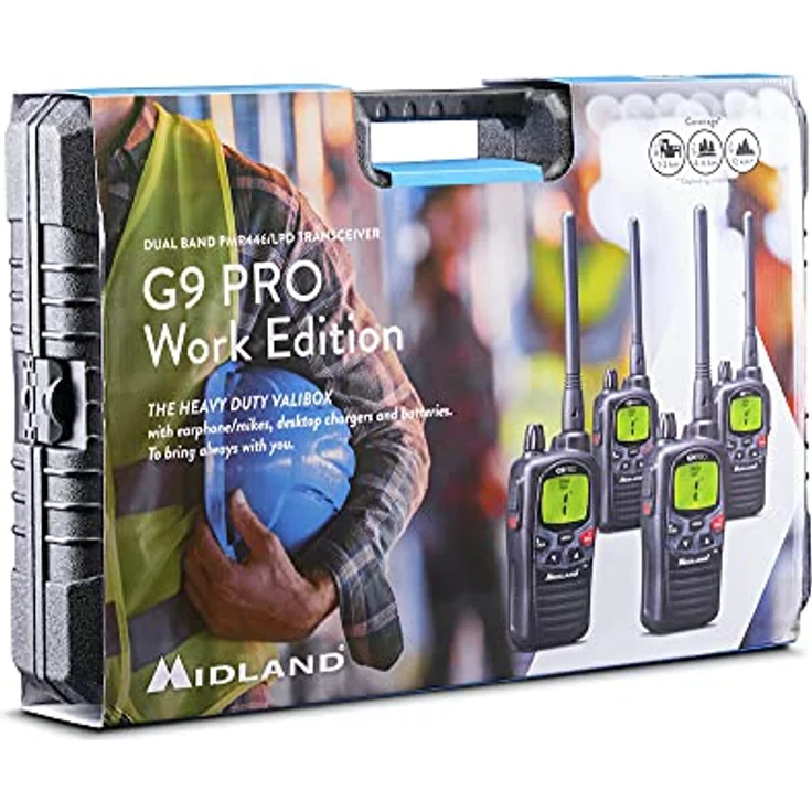 Midland G9 Pro Funkgeräte-4er Kofferset, c1385.05, 4X Walkie Talkies, wasserdicht und mit Notfallknopf, hochwertige Qualität mit sehr hoher Sendeleistung, schwarz, G9 Pro 4er Kofferset – Bild 1