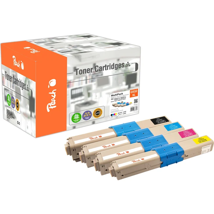 Peach Toner 46508709-12 MultiPack, 4-tlg. (M, C, Y, BK) mit langlebiger Druckqualität und wiederaufbereiteten Modulen