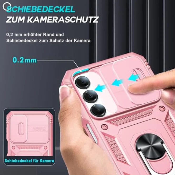 LeYi Militär Hülle für Samsung Galaxy A16 5G, Kamera Schieber Handyhülle mit 2 Displayschutz, kratzfest und stoßabsorbierend, Ringhalterung, Rosa – Bild 2