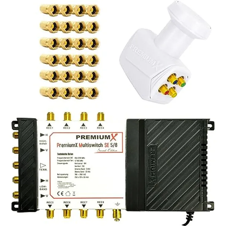 PremiumX SAT-Multischalter 5/8 Switch mit Quattro LNB in Weiß und 24 F-Steckern für bis zu 8 Teilnehmer, geeignet für HD und 4K