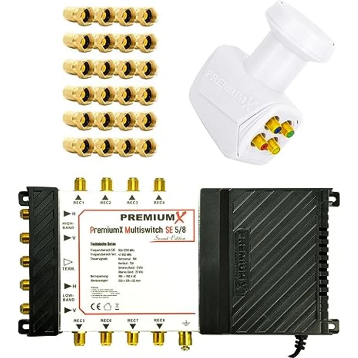 PremiumX SAT-Multischalter 5/8 Switch mit Quattro LNB in Weiß und 24 F-Steckern für bis zu 8 Teilnehmer, geeignet für HD und 4K – Bild 1