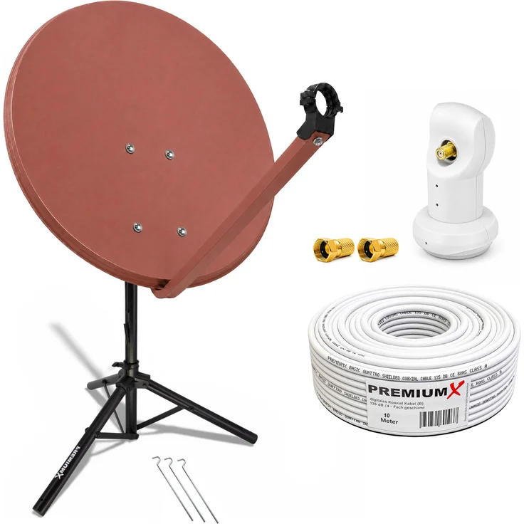 PremiumX Camping SAT Anlage 80cm, Ziegelrote Antenne mit Single LNB, F-Stecker und stabilem Stativ