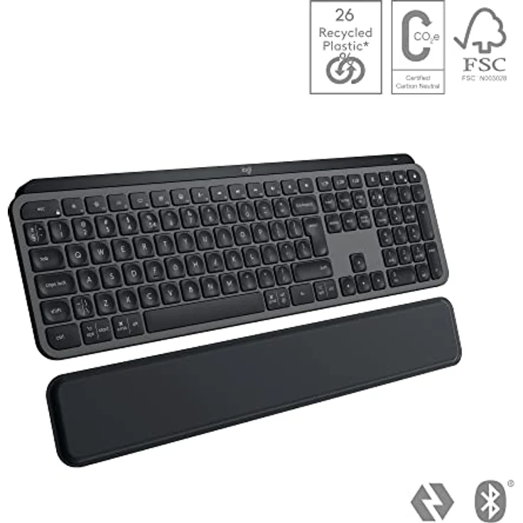 Logitech MX Keys S PLUS kabellose Tastatur und MX Palm Rest Low Profile, Fluid Quiet Typing, Programmable Keys, Backlighting, Bluetooth, USB C, Windows PC, Linux, Chrome, Mac, Deutsches QWERTZ - Grau – Bild 2