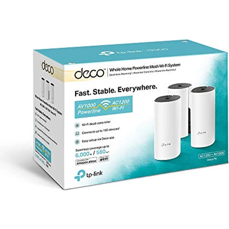 TP-Link Deco P9 Powerline WLAN Mesh Set (Dualband 1200Mbit-s + HomePlug 1000Mbit-s, Reichweite bis zu 560m², Qualcomm Core, 6xGigabit-Ports, kompatibel mit Amazon Alexa, Schnellinstallation) weiß – Bild 2