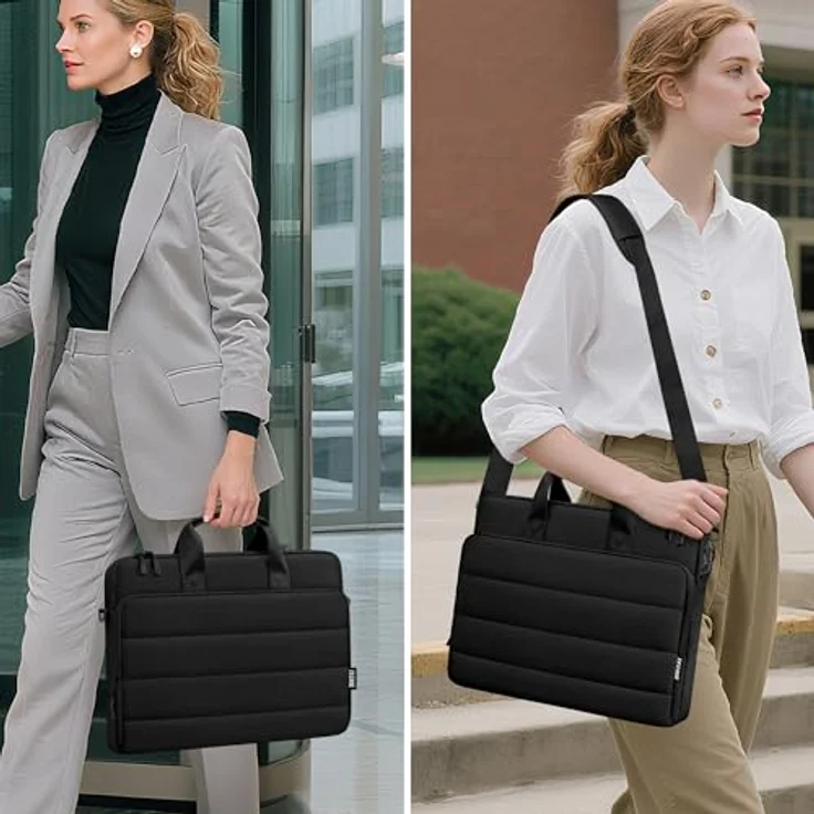 TECOOL 15,6 Zoll Laptoptasche, Puffy Aktentasche mit 360° Rundumschutz, abnehmbaren Schultergurt und praktischem Zubehörfach, schwarz – Bild 2