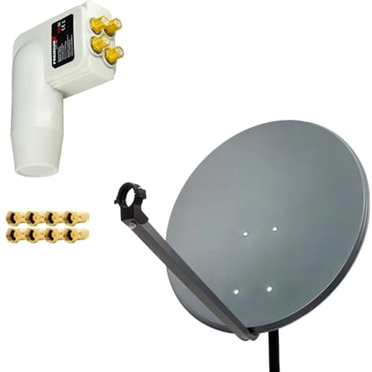 PremiumX PXS60 Satellitenschüssel 60cm Anthrazit mit Quad LNB und 8x F-Stecker für optimalen Satellitenempfang – Bild 1