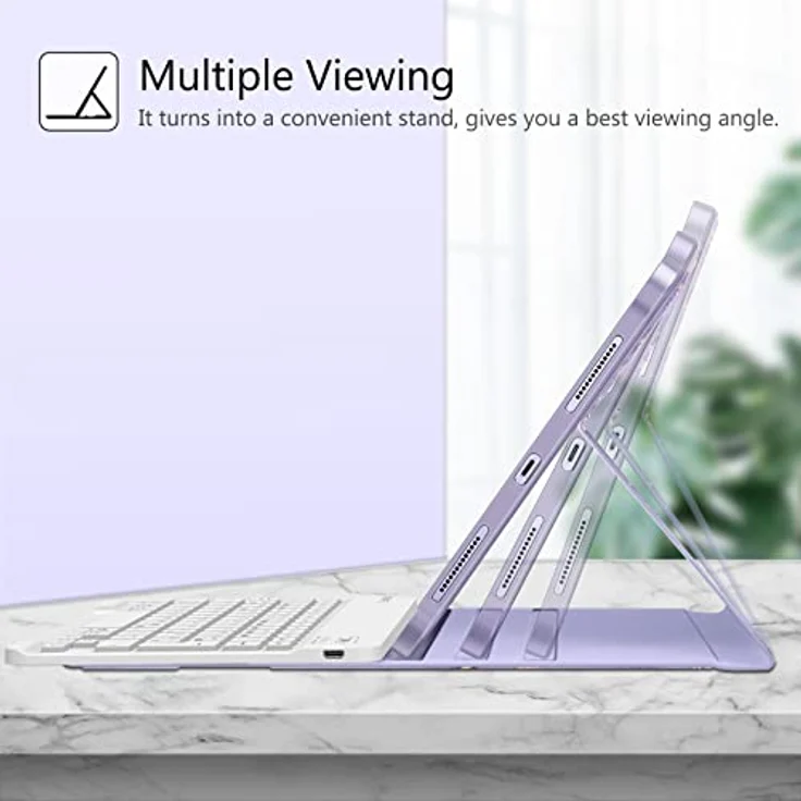 Fintie Tastatur Hülle für iPad Air 11 Zoll M2, iPad Air 6/5/4 (2024/2022/2020) 10,9 Zoll, TPU Rückschale Schutzhülle mit Stifthalter, magnetisch Abnehmbarer Keyboard (QWERTZ Layout), Lila Marmor – Bild 5