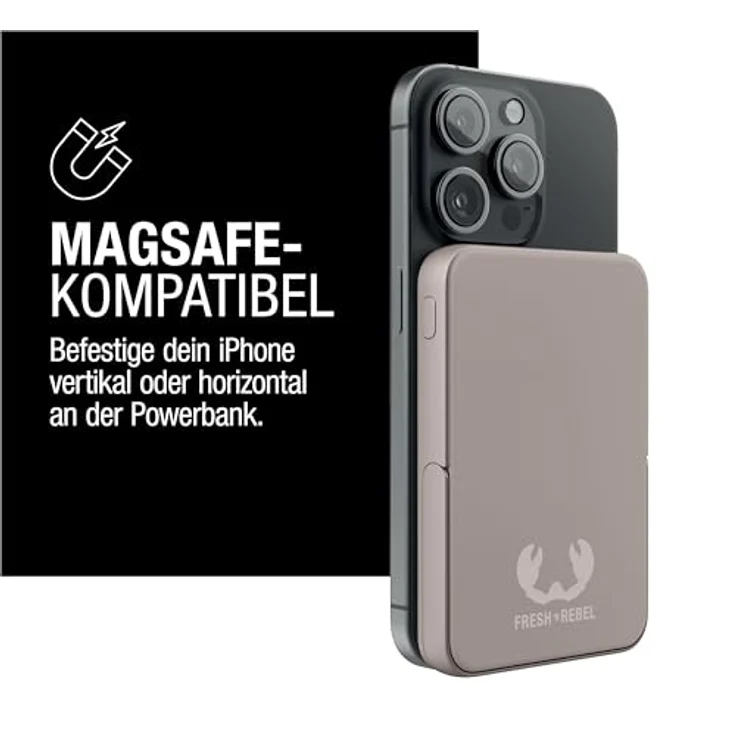 Fresh 'n Rebel Wireless Magnetic Powerbank 5000mAh, MagSafe-kompatibel, PD 20W Schnellladung, USB-C Port, tragbar, mit Ständer (Silky Sand) – Bild 2