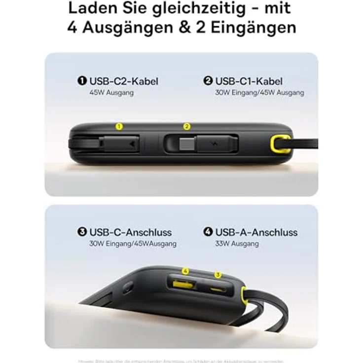 Baseus QPow3 Powerbank 45W 20000mAh mit 2 integrierten USB-C Kabeln, PD3.0 QC4.0, 4 Anschlüsse, LED Display, schwarz – Bild 5