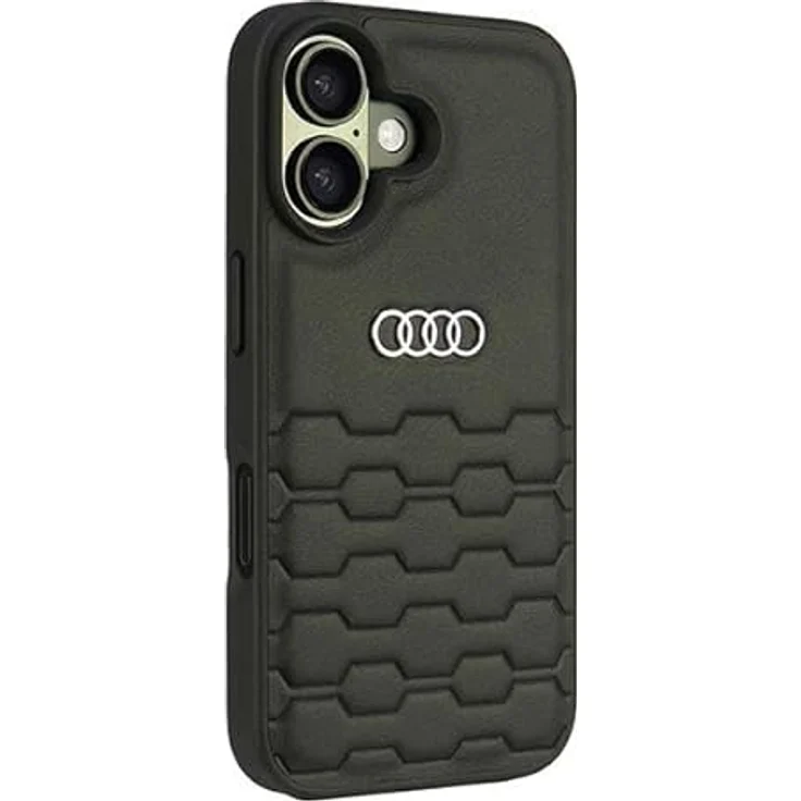 Audi Handyhülle iPhone 16, Kunstleder schwarz mit Metall-Logo, 6,1 Zoll, stoßfest und passgenau – Bild 3