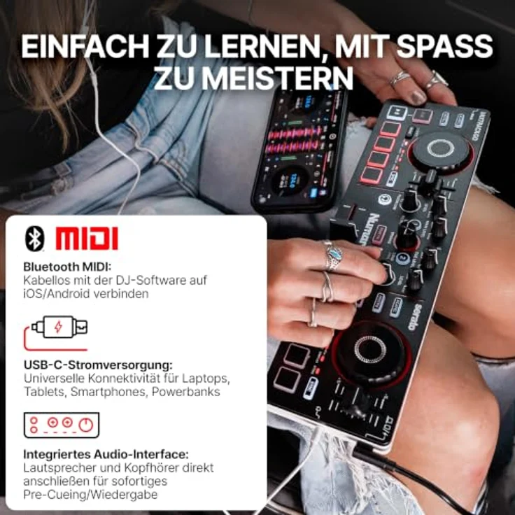 Numark Mixtrack Go, tragbarer 2-Kanal DJ Controller mit Serato DJ Lite, Bluetooth-MIDI und USB-C Anschluss – Bild 4