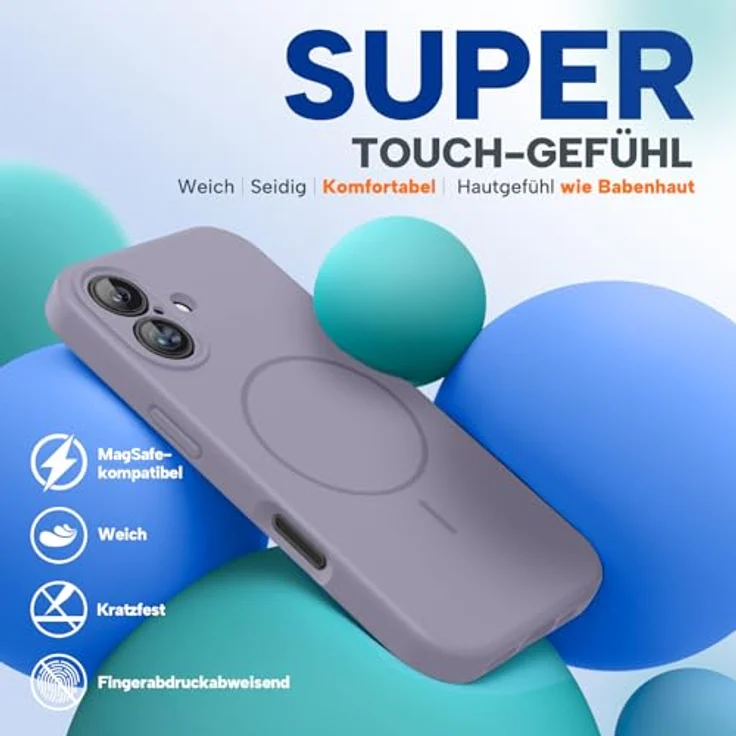 miracase iPhone 16 Hülle, Flüssig Silikon mit stoßfestem Fallschutz, kratzfestem Mikrofaser-Innenfutter, kompatibel mit MagSafe, Lavendel Grau – Bild 2