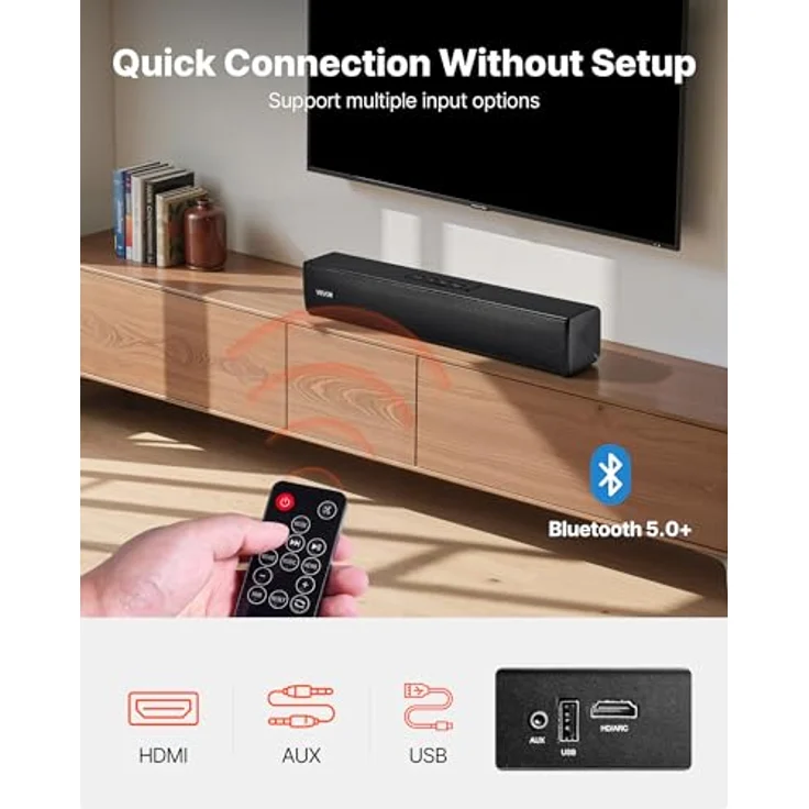 VEVOR Soundbar 2.0-Kanal, 450 mm kompakte TV-Lautsprecher mit Bluetooth 5.0, 80-W-Surround-Soundsystem und Fernbedienung für Heimkino-Audio – Bild 3