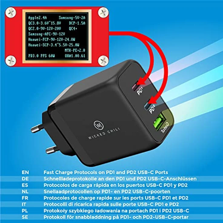 Wicked Chili 65W Schnellladegerät kompatibel mit MacBook Pro-Air, iPhone 14, 13, 12, 11 (Pro, Max, Plus, Mini) und Apple Watch Ultra von QC 4.0+ & PD PPS USB-C Netzteil für Tablet, Handy, Laptop – Bild 5