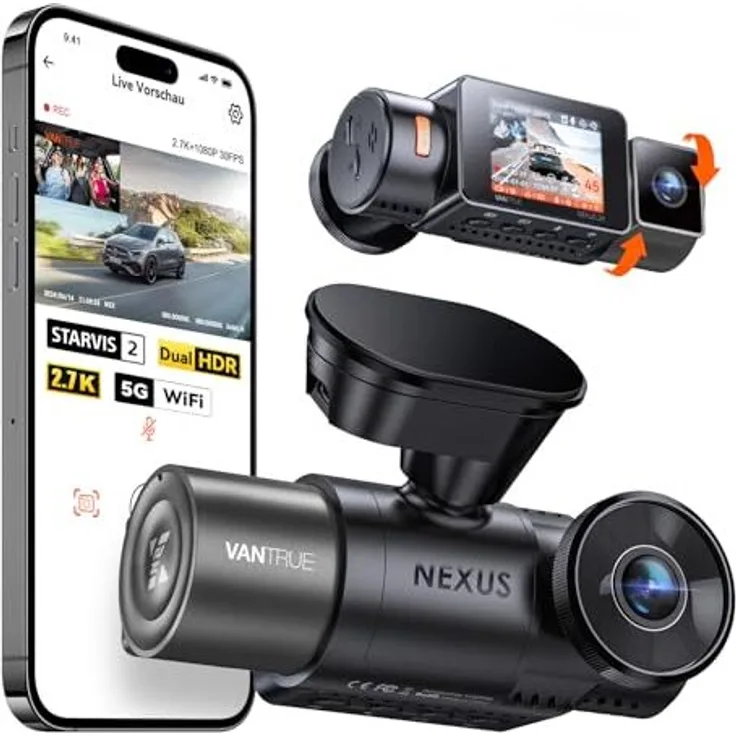 VANTRUE N2X Dashcam 2,7K+1080P, Dual HDR Nachtsicht, GPS, 5GHz WiFi, Sprachsteuerung, Innen- und Außenkamera