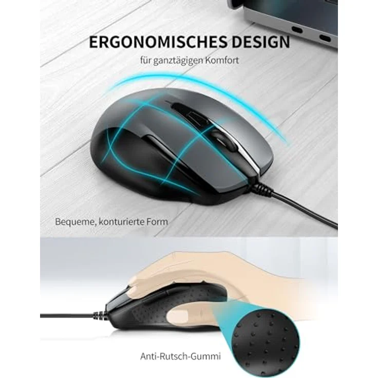 TECKNET MAUS mit Kabel, 6 Tasten, 6400 DPI, Ergonomische Optical Maus für PC und Laptop, USB-Kabel 150 cm, Grau – Bild 3