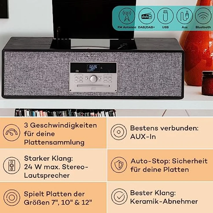Auna Plattenspieler für Schallplatten mit Bluetooth, DAB+/FM Radio & CD-Player, Stereo-Lautsprecher, Moderner Plattenspieler mit Beinen – Bild 2