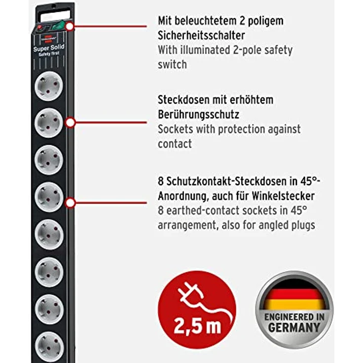 Brennenstuhl Super-Solid, Steckdosenleiste 8-fach (2,5m Kabel und Schalter - aus bruchfestem Polycarbonat) schwarz-grau – Bild 2