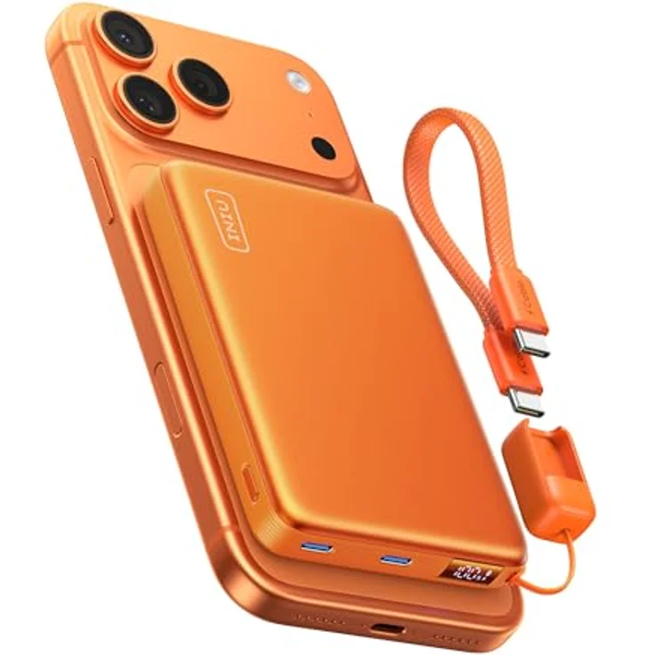 INIU MagSafe Power Bank, Dünnste 10000mAh Qi2 25W Kabelloses Ladegerät mit 45W USB-C, Magnetic Laden mit LED Anzeige, Flugsicher für iPhone 17-12 Serie, Orange – Bild 1