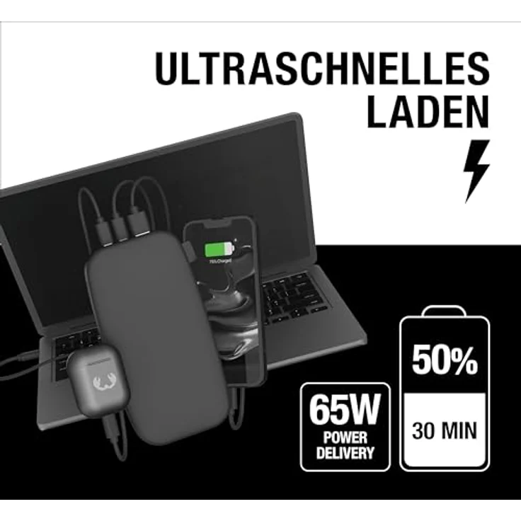 Fresh 'n Rebel 27000mAh Powerbank (USB-C in & Out), 65W Ultra Fast Charge, 6 Premium-Sicherheitsfunktionen, bis zu 9 Handy-Ladungen, Externer Akku mit 4 Power-Anzeigeleuchten (Storm Grey) – Bild 2
