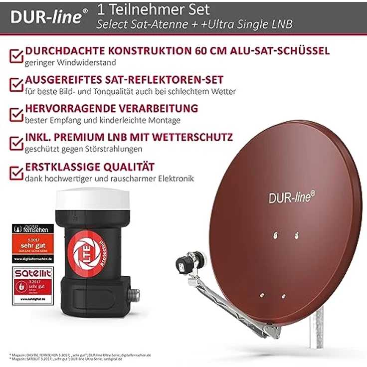 DUR-line Select 60/65 cm Sat Anlage 1 Teilnehmer Komplett Set rot – Bild 3
